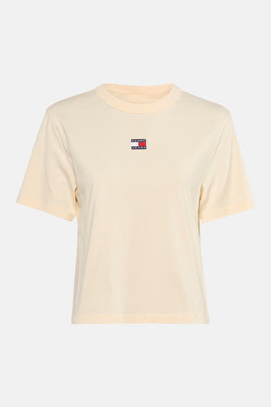 T-shirt jaune à manches courtes de TOMMY JEANS avec logo drapeau sur la poitrine.
