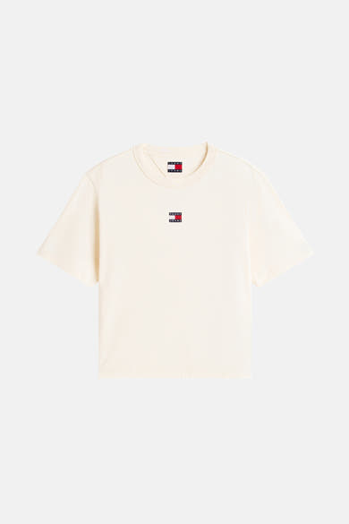 Gele T-shirt met korte mouwen van Tommy Jeans, met vierkant logo op de borst.