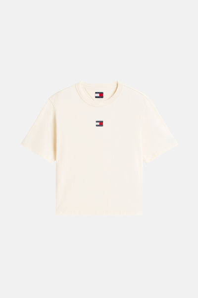 Gele T-shirt met korte mouwen van Tommy Jeans, met vierkant logo op de borst.
