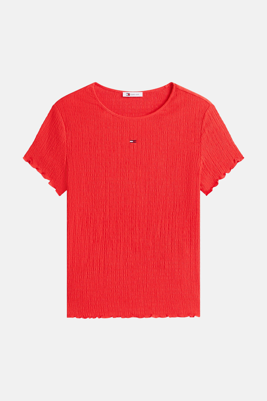 Rood T-shirt met korte mouwen van Tommy Jeans, met een gewafeld textuurpatroon en een geschulpte zoom.