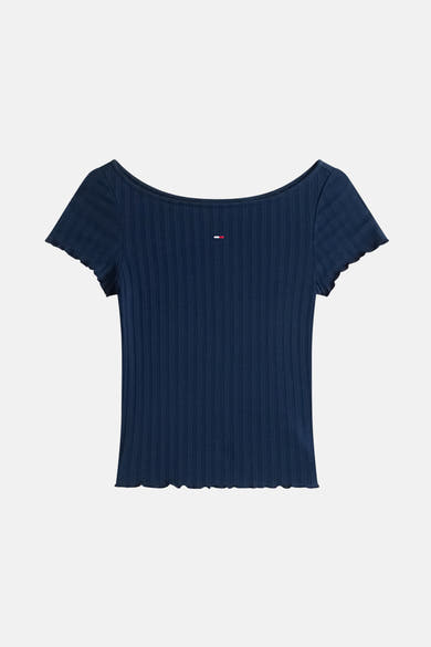 Blauwe T-shirt met korte mouwen van Tommy Jeans, in ribgebreid materiaal met logo op de borst.