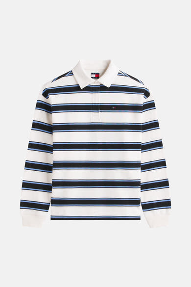Multikleurig poloshirt met lange mouwen van TOMMY JEANS, met zwarte en blauwe horizontale strepen, witte kraag.