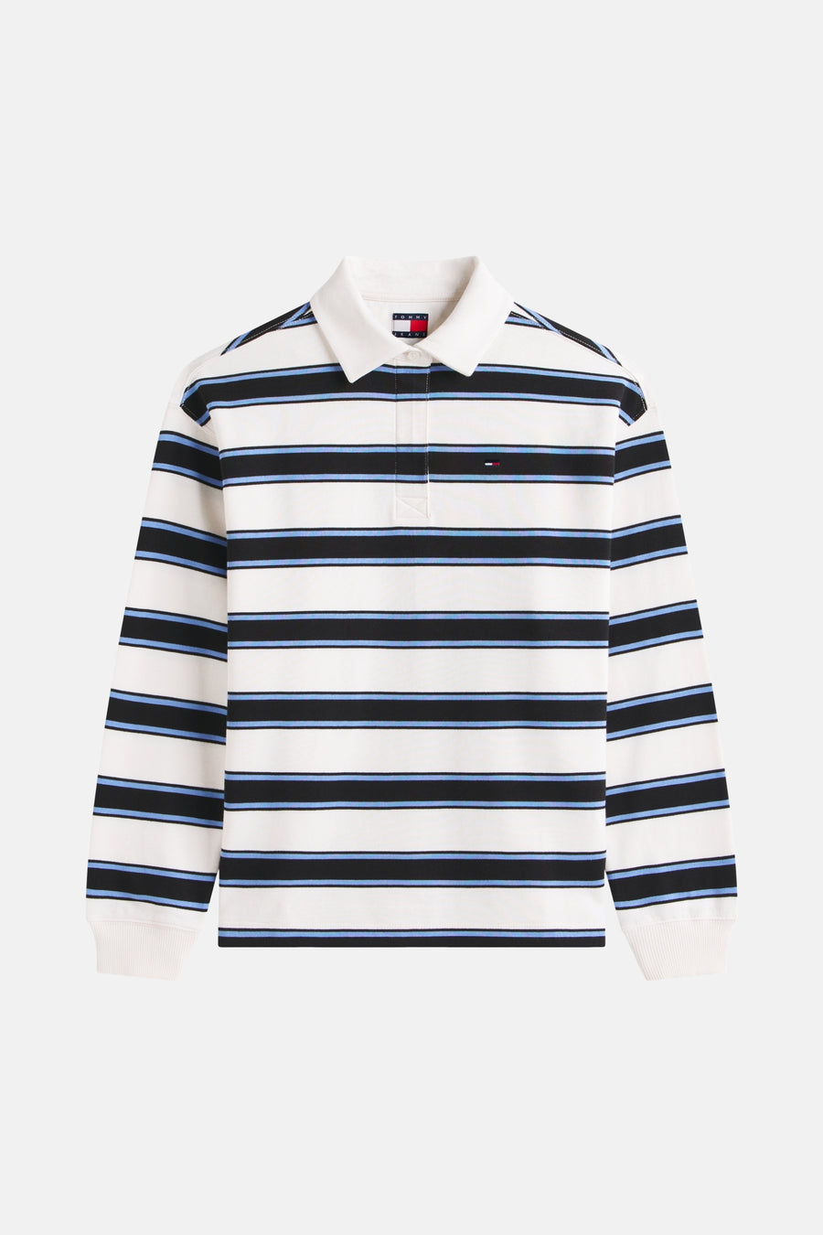 Multikleurig poloshirt met lange mouwen van TOMMY JEANS, met zwarte en blauwe horizontale strepen, witte kraag.