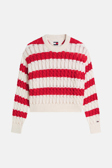 Trui met rode en crèmekleurige strepen, ronde hals van TOMMY JEANS, met kabelsteekpatroon.