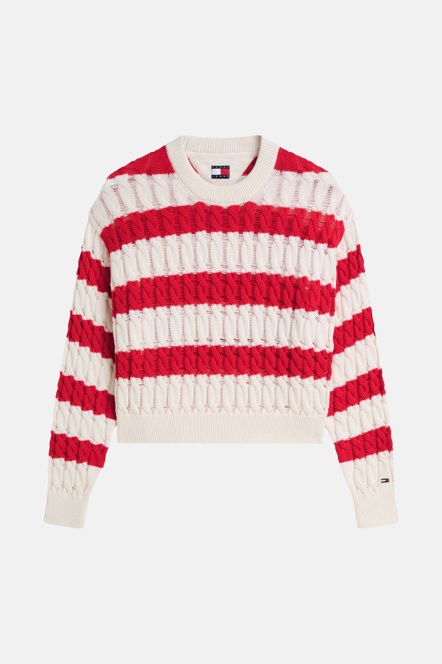 Trui met rode en crèmekleurige strepen, ronde hals van TOMMY JEANS, met kabelsteekpatroon.