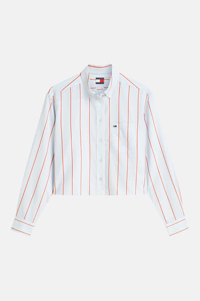 Multikleurig overhemd met lange mouwen van TOMMY JEANS, oranje gestreept, met een korte pasvorm en een klein logo.