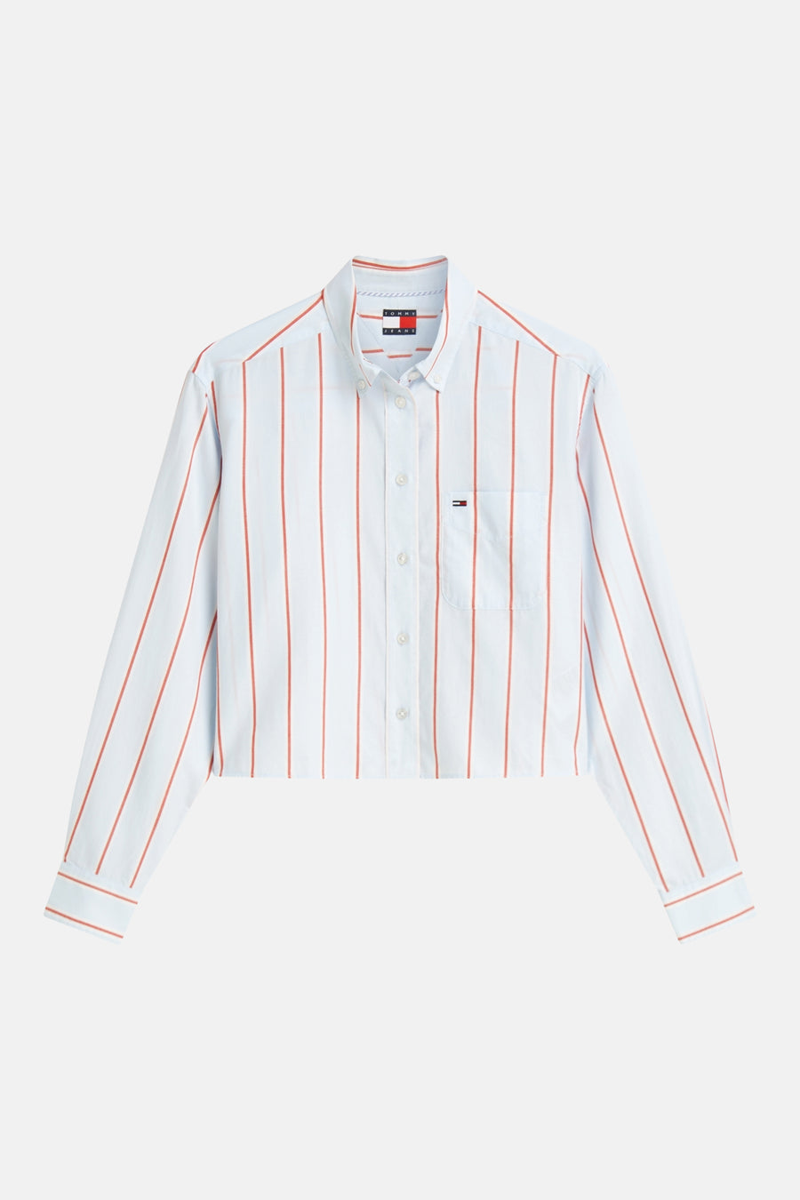 Multikleurig overhemd met lange mouwen van TOMMY JEANS, oranje gestreept, met een korte pasvorm en een klein logo.