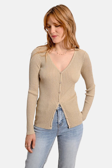 Gouden cardigan van Molly Bracken, in ribgebreide stof met een V-hals en knopen aan de voorkant.