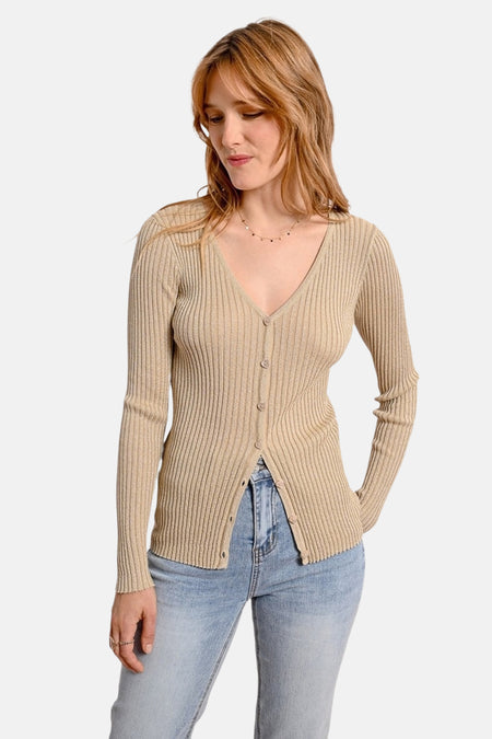 Gouden cardigan van Molly Bracken, in ribgebreide stof met een V-hals en knopen aan de voorkant.