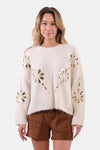 Ecru trui met ronde hals van Molly Bracken, versierd met gouden bloemenpatronen met pailletten.
