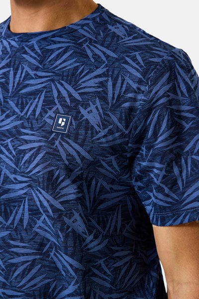 Blauw T-shirt met korte mouwen van GARCIA, met all-over bladmotief.