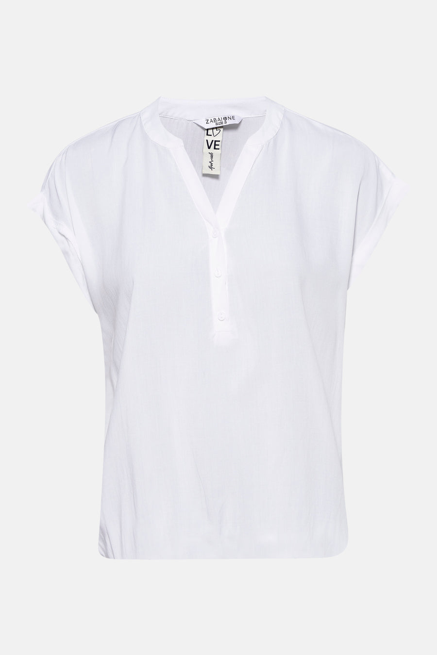 Blouse blanche à manches courtes de Zabaione, avec patte de boutonnage et col en V.