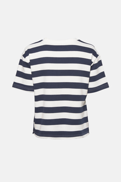 Blauw-wit gestreept T-shirt met korte mouwen van ZABAIONE, achterzijde.