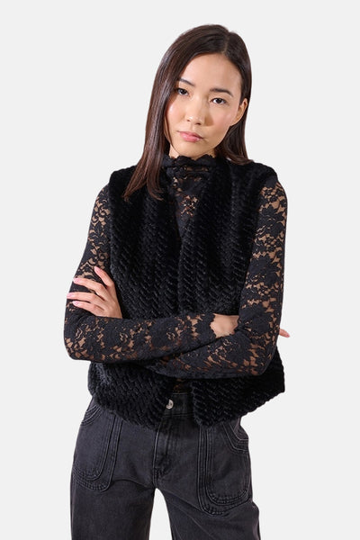 T-shirt à manches longues noir de Molly Bracken, avec dentelle florale transparente sur les manches.