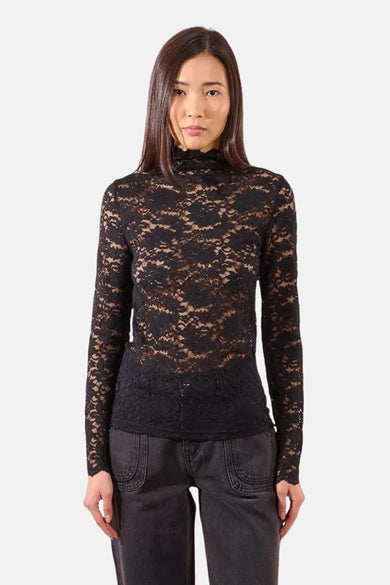 Zwart T-shirt met lange mouwen van Molly Bracken, in doorschijnend bloemenkant.