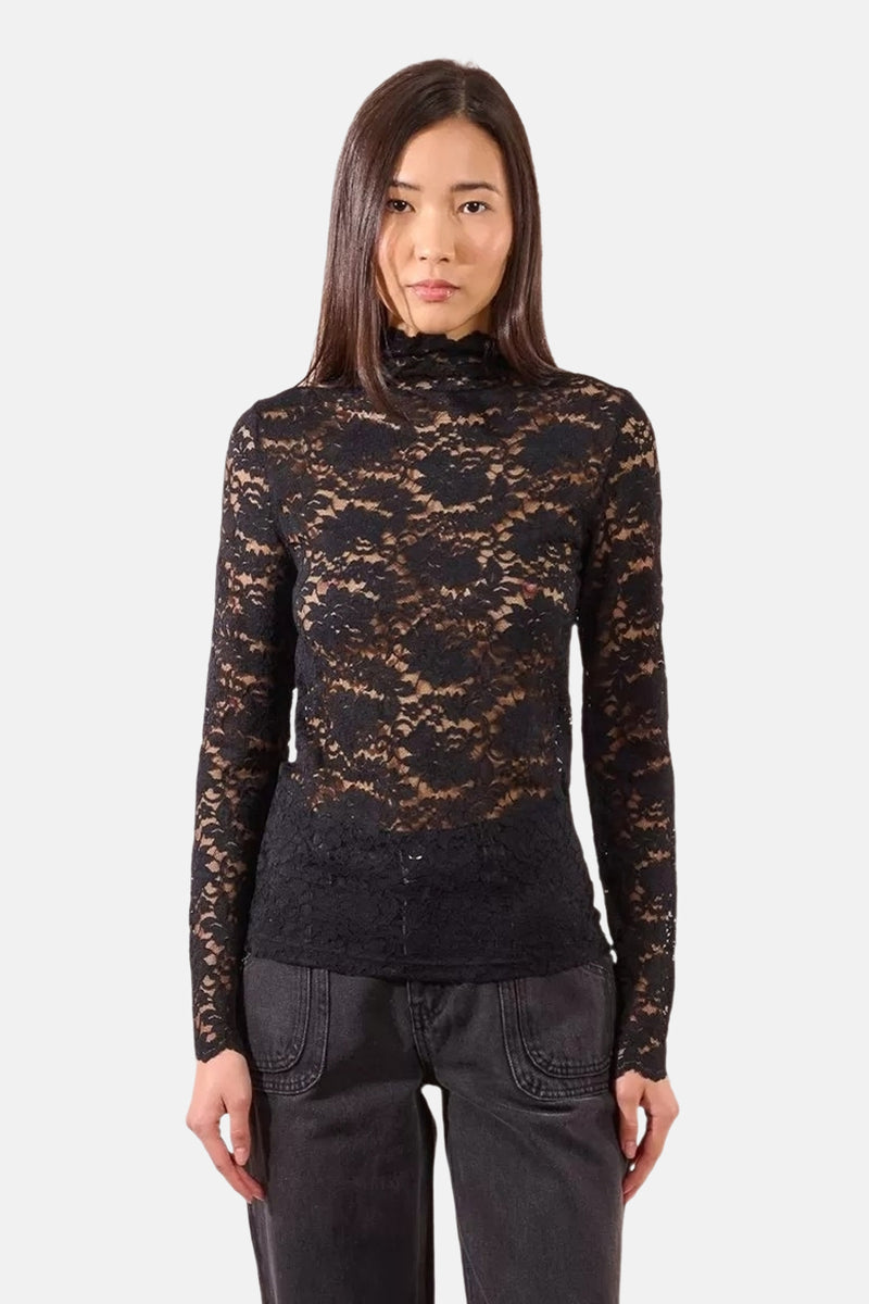 Zwart T-shirt met lange mouwen van Molly Bracken, in doorschijnend bloemenkant.