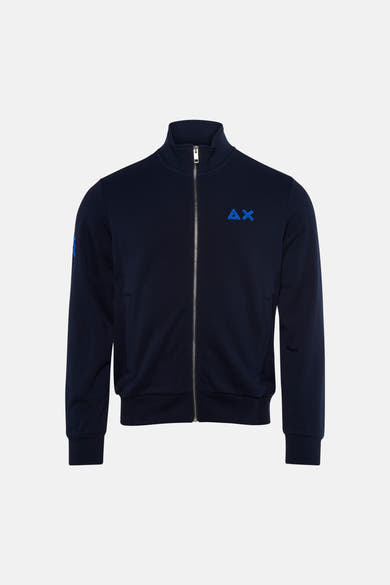 Navy blue fleece bomber jacket with ribbed cuffs and hem, front zipper, and embroidered logo on chest and sleeve.
