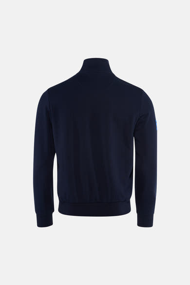Navy blue fleece pullover with ribbed cuffs and hem, back view, small blue patch on left sleeve