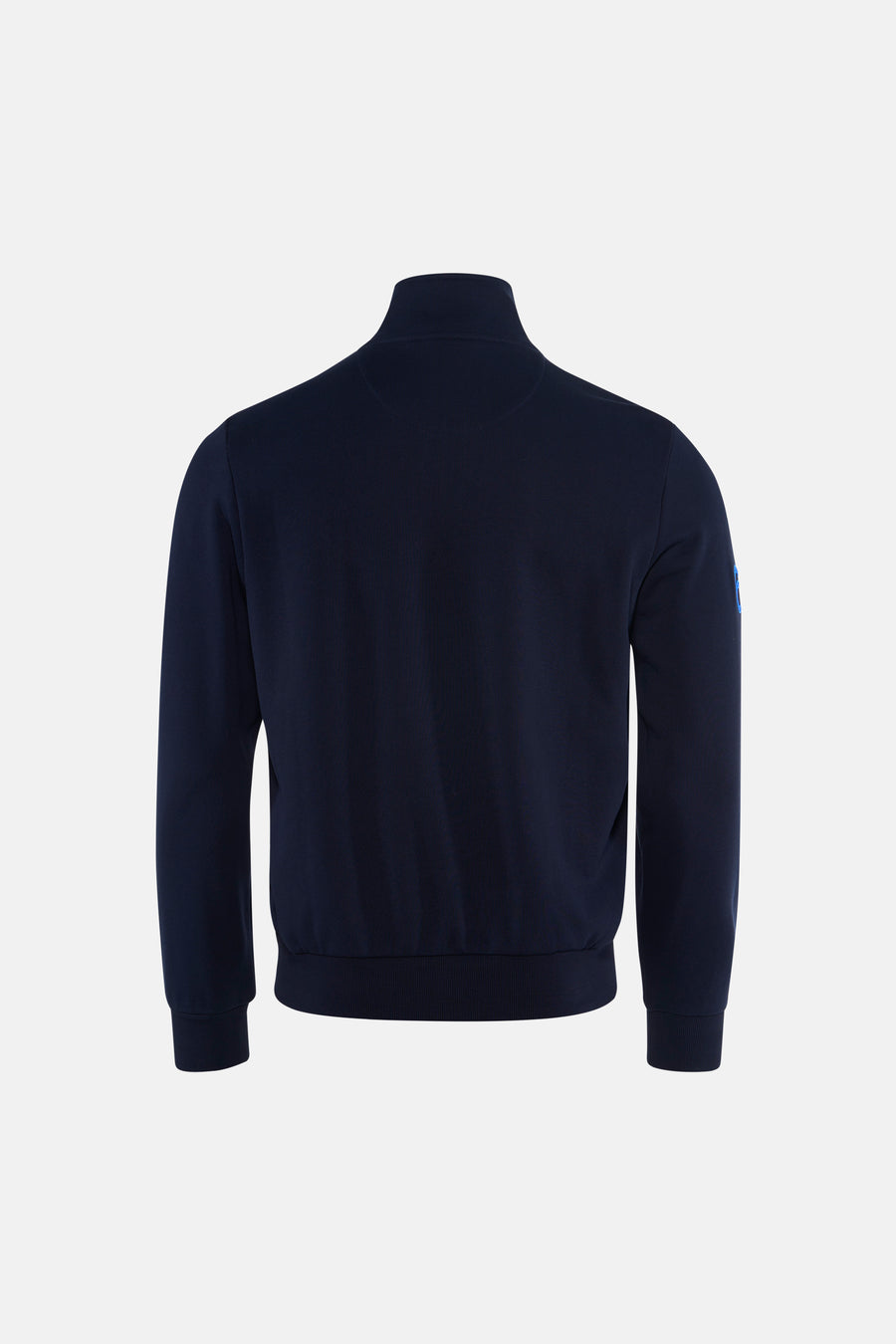 Navy blue fleece pullover with ribbed cuffs and hem, back view, small blue patch on left sleeve