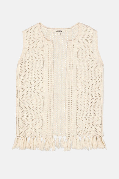 Beige gehaakte gilet van GARCIA, versierd met decoratieve franjes.