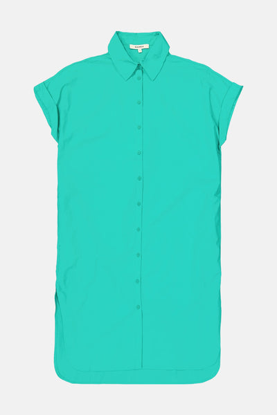 Turquoisegroene jurk met korte mouwen van GARCIA, met een rij knopen aan de voorkant.