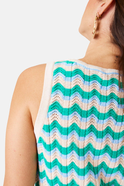Multikleurige jurk van GARCIA, met golvende strepen in groen, blauw en beige, ecru details op de rug en schouderbandjes.