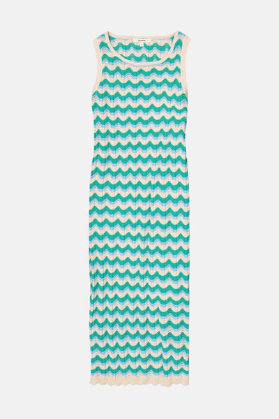 Multikleurenjurk van GARCIA, met een groen, blauw en gebroken wit zigzagpatroon.