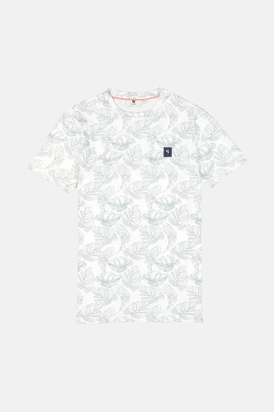 T-shirt à manches courtes blanc de GARCIA, imprimé avec des motifs de feuilles vertes.
