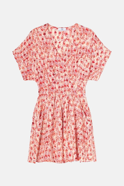 Multikleuren jurk met korte mouwen van Le Temps des Cerises, met een bloemenprint en een elastische taille.