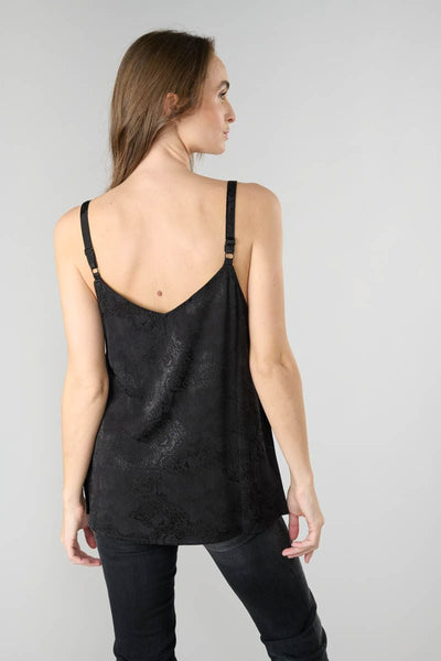 Zwarte tanktop met dunne bandjes Le Temps des Cerises, met een subtiel ton-sur-ton patroon.