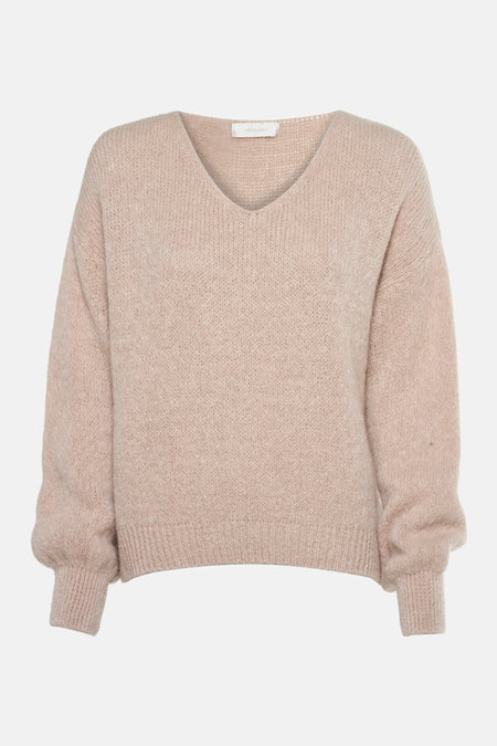Beige trui met V-hals van AMÉLIE ET AMÉLIE, in getextureerd breisel met lange pofmouwen.