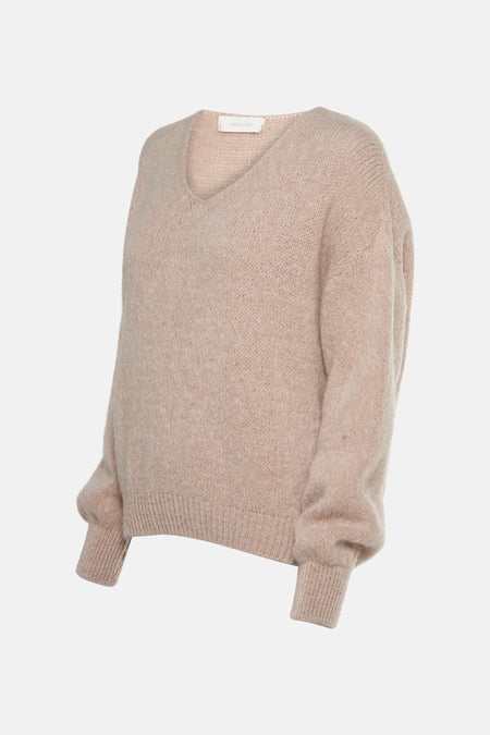 Beige trui met V-hals van AMÉLIE ET AMÉLIE, in pluizige stof, lange pofmouwen.