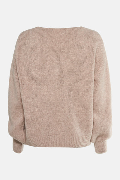 Pull beige à col en V de AMELIE ET AMELIE, en maille douce et manches longues, vue arrière.