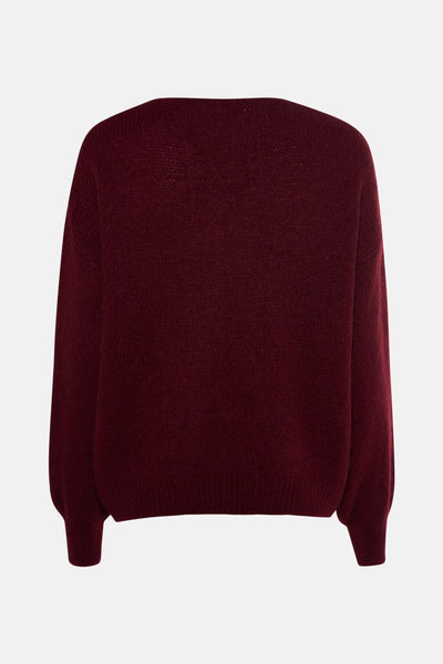 Pull col V rouge d'AMELIE ET AMELIE, en maille texturée, vue de dos.
