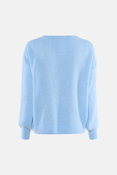 Pull col V bleu d'AMELIE ET AMELIE en maille douce, vue de dos.