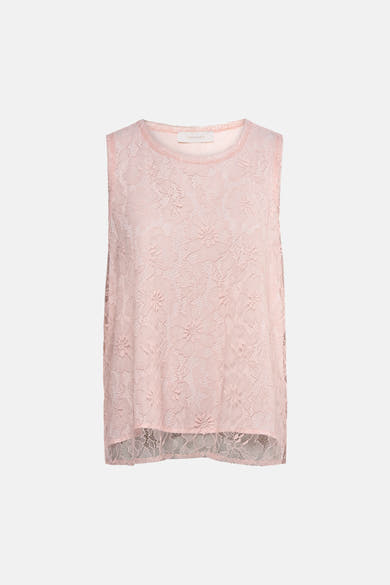 Roze mouwloze blouse van AMÉLIE ET AMÉLIE, van doorschijnend bloemenkant.