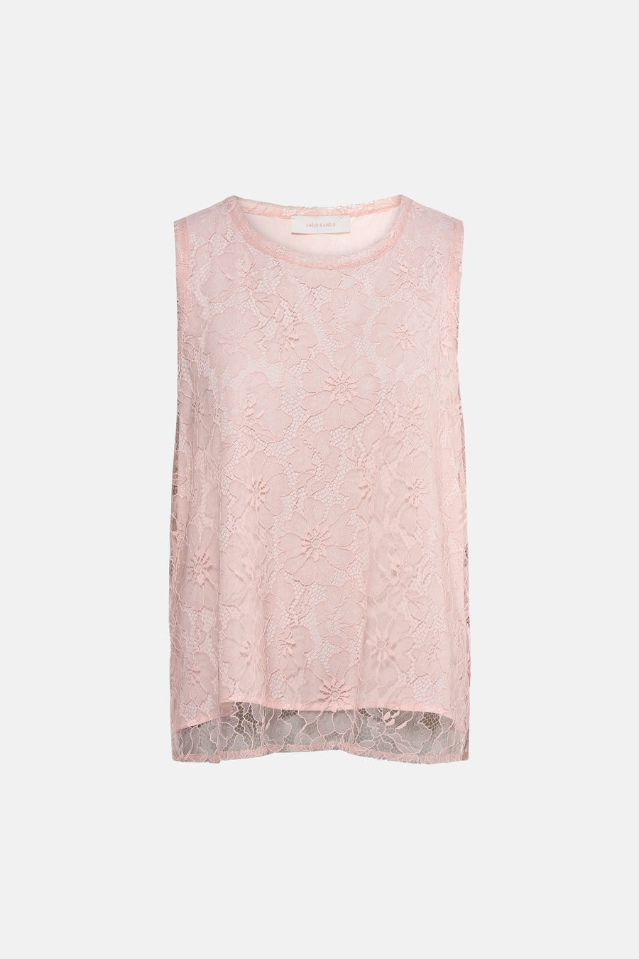 Roze mouwloze blouse van AMÉLIE ET AMÉLIE, van doorschijnend bloemenkant.