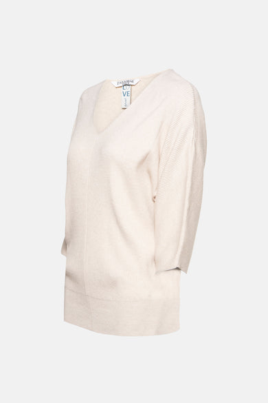 Beige V-hals trui van Zabaione, in ribgebreid, met driekwartmouwen en merklabel.