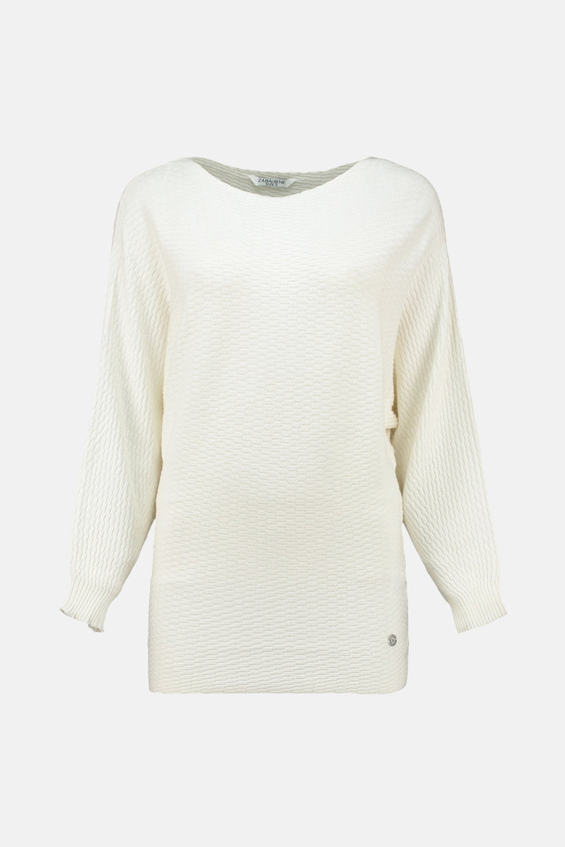 Pull à col rond blanc de Zabaione, texture gaufrée sur toute la surface.