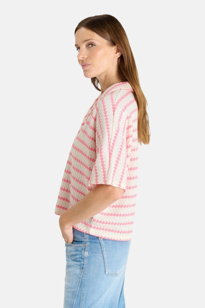 Polo multicolore de Le Temps des Cerises, à rayures roses et blanches, porté avec un jean bleu clair.