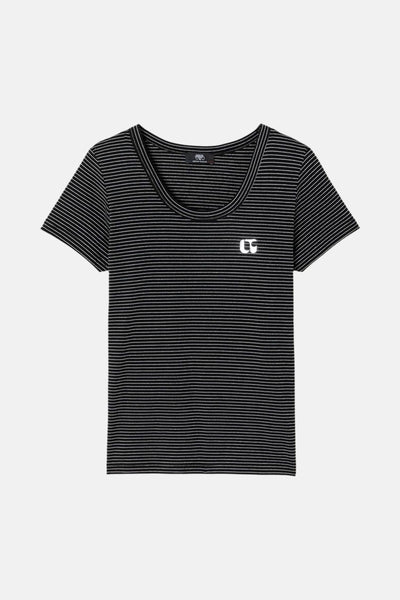 Zwart T-shirt met fijne strepen en korte mouwen van Le Temps des Cerises met wit logo.