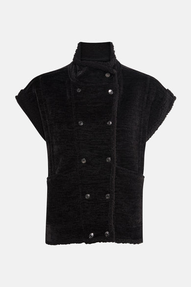 Zwart mouwloos vest van Le Temps des Cerises, met een ribfluwelen textuur en zilveren knopen.