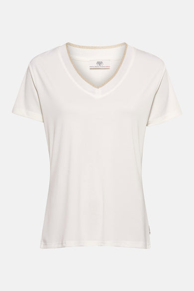 Wit T-shirt met korte mouwen van Le Temps des Cerises, V-hals afgezet met gouddraad.