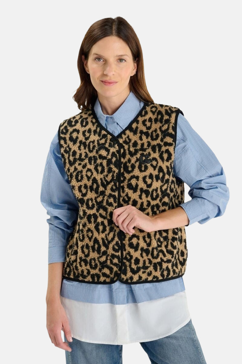 Veste sans manches multicolore de Le Temps des Cerises avec motif léopard et fermeture éclair noire.