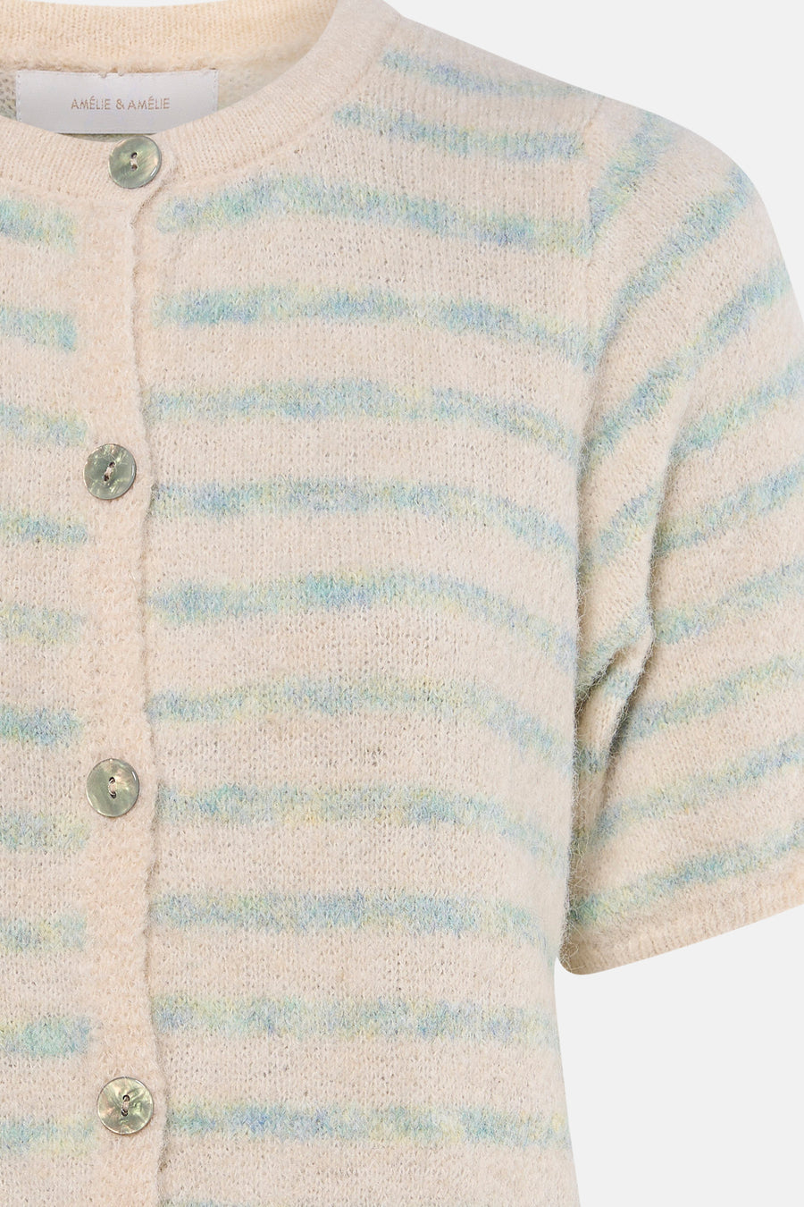 Multikleurend gilet van AMELIE ET AMELIE met blauwe strepen en ronde knopen.