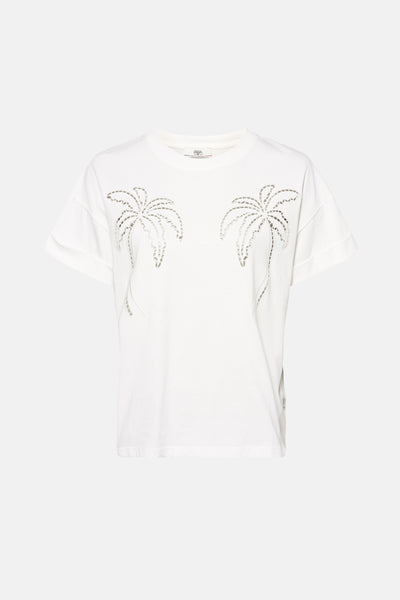 Wit T-shirt met korte mouwen van Le Temps des Cerises, met een uitgesneden palmboommotief op de voorkant.