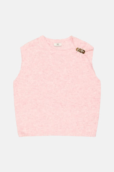 Pink sleeveless knit gilet with textured marled fabric and decorative gold-tone button on shoulder, front view