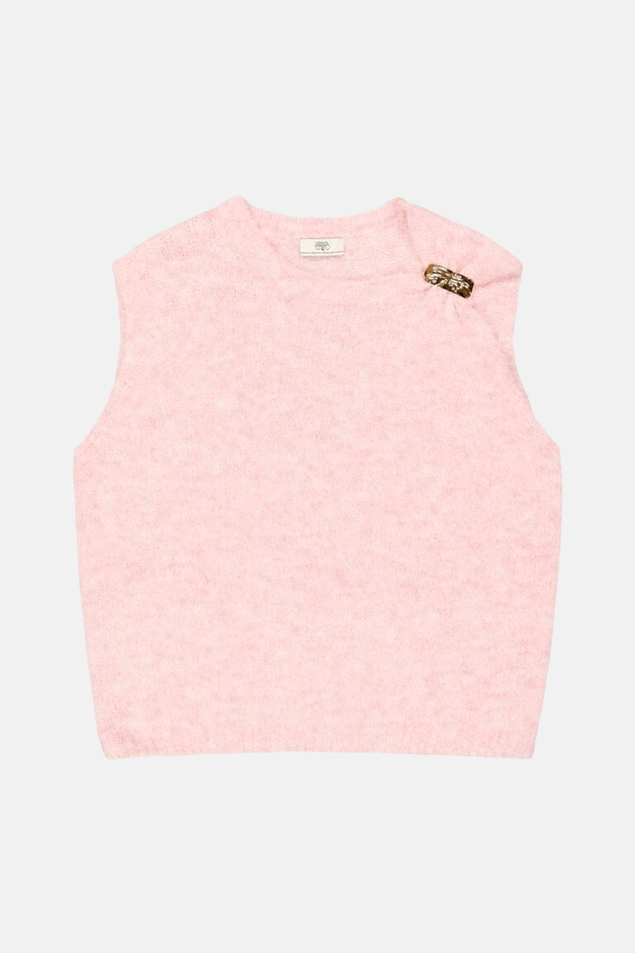 Pink sleeveless knit gilet with textured marled fabric and decorative gold-tone button on shoulder, front view