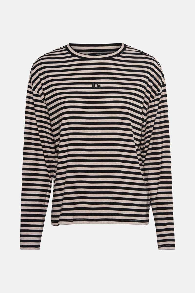 Zwart gestreept T-shirt met lange mouwen van Le Temps des Cerises, met discreet logo.