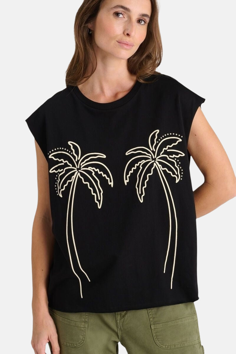 Zwart T-shirt met korte mouwen van Le Temps des Cerises, met grafisch palmboommotief.